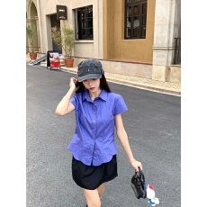 批发大货！实拍实价'复古翻领立体缝线修身波浪下摆短袖衬衫上衣女