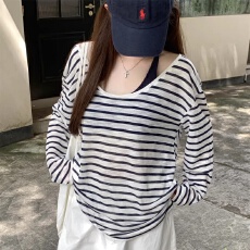 批发韩系黑色条纹<b class='q'>长袖</b><b class='q'>t</b><b class='q'>恤</b><b class='q'>女</b>夏季宽松防晒罩衫轻薄小内搭两件套上衣