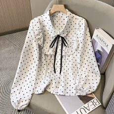 批发法式<b class='q'>衬衫</b>女春夏薄款新款波点上衣韩版雪纺蝴蝶结<b class='q'>衬衣</b><b class='q'>长袖</b>雪纺衫