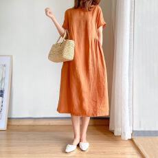 批发简约<b class='q'>文艺</b><b class='q'>范</b>宽松显瘦棉麻连衣裙女夏季2026新款大码胖mm中长款裙子