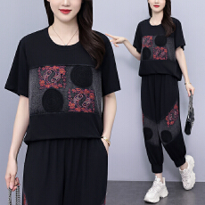 批发实拍 新款夏季套<b class='q'>装</b> 宽松拼接牛仔刺绣短袖两件套大码女<b class='q'>装</b>