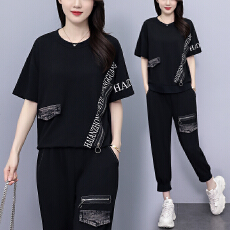 批发实拍 夏季新款套<b class='q'>装</b>女 宽松拼接牛仔印花短袖两件套潮流大码女<b class='q'>装</b>