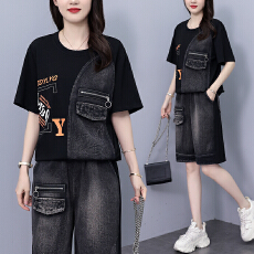 批发实拍 夏季<b class='q'>时尚</b>套装女 胖MM宽松拼接牛仔短袖印花两件套大码女装