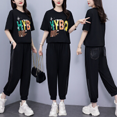 批发实拍 夏季新款套<b class='q'>装</b>女 宽松拼接牛仔印花短袖两件套潮流大码女<b class='q'>装</b>