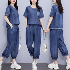 批发实拍 夏季<b class='q'>时尚</b>套装 胖MM宽松洗水棉牛仔短袖刺绣两件套大码女装