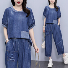 批发实拍 新款套装女 胖MM<b class='q'>时尚</b>宽松洗水棉牛仔短袖两件套大码女装