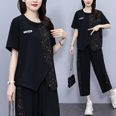 批发实拍 夏季新款套<b class='q'>装</b>女 宽松拼接不规则印花短袖两件套潮流大码女<b class='q'>装</b>