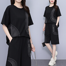 批发实拍 夏季<b class='q'>时尚</b>套装女 胖MM宽松拼接牛仔短袖五分裤两件套大码女装
