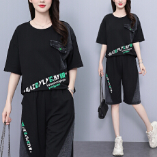 批发实拍 夏季新款套<b class='q'>装</b>女 宽松拼接牛仔印花短袖五分<b class='q'>裤</b>两件套大码女<b class='q'>装</b>
