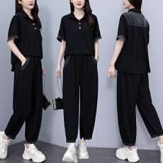 批发实拍 夏季<b class='q'>时尚</b>套装女 胖MM宽松拼接牛仔短袖简约两件套大码女装