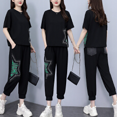 批发实拍 夏季新款套<b class='q'>装</b>女 宽松拼接牛仔印花烫钻短袖两件套大码女<b class='q'>装</b>