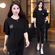 批发实拍 夏季新款<b class='q'>套装</b>女 宽松拼接<b class='q'>牛仔</b>裤重工镂空刺绣烫钻圆领两件套