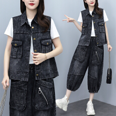 批发实拍 夏季新款<b class='q'>套装</b>女 潮牌宽松牛仔马甲裤子两件套大码女装