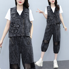 批发实拍 夏季新款<b class='q'>套装</b>女 潮牌宽松牛仔马甲裤子两件套大码女装