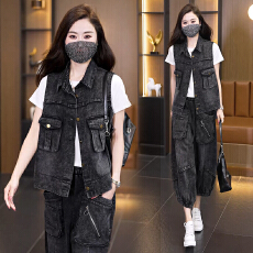 批发实拍 夏季新款<b class='q'>套装</b>女 潮牌时尚宽松牛仔马甲+裤子两件套大码女装