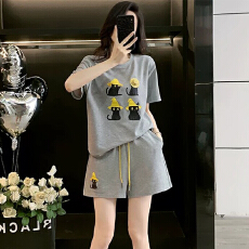 批发夏季洋气减龄休闲运动套装女俏皮可爱灰色短袖T恤短裤两件套