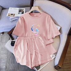 批发仿棉索罗娜休闲运动套装女宽松<b class='q'>大码</b>短袖胖mm印花两件套潮