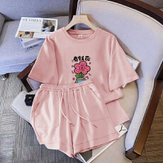 批发仿棉索罗娜休闲运动套装女宽松<b class='q'>大码</b>短袖胖mm印花两件套潮