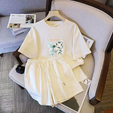 批发仿棉索罗娜休闲运动套装女宽松<b class='q'>大码</b>短袖胖mm印花两件套潮