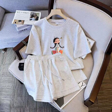 批发仿棉索罗娜休闲运动套装女宽松<b class='q'>大码</b>短袖胖mm印花两件套潮