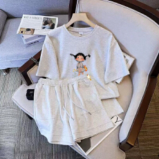 批发仿棉索罗娜休闲运动套装女宽松<b class='q'>大码</b>短袖胖mm印花两件套潮