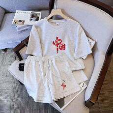 批发仿棉索罗娜休闲运动套装女宽松<b class='q'>大码</b>短袖胖mm印花两件套潮