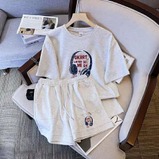 批发仿棉索罗娜休闲运动套装女宽松<b class='q'>大码</b>短袖胖mm印花两件套潮