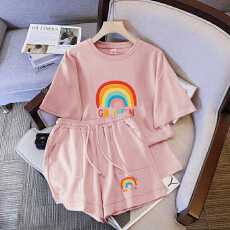 批发仿棉索罗娜休闲运动套装女宽松<b class='q'>大码</b>短袖胖mm印花两件套潮