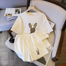 批发仿棉索罗娜休闲运动套装女宽松<b class='q'>大码</b>短袖胖mm印花两件套潮