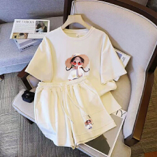 批发仿棉索罗娜休闲运动套装女宽松<b class='q'>大码</b>短袖胖mm印花两件套潮