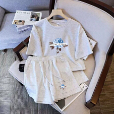 批发仿棉索罗娜休闲运动套装女宽松<b class='q'>大码</b>短袖胖mm印花两件套潮