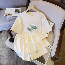 批发仿棉索罗娜休闲运动套装女宽松<b class='q'>大码</b>短袖胖mm印花两件套潮