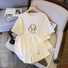 批发仿棉索罗娜休闲运动套装女宽松<b class='q'>大码</b>短袖胖mm印花两件套潮