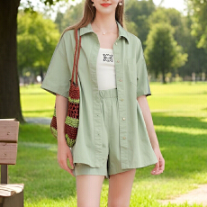 批发实拍全棉套装<b class='q'>女</b>2026夏季新款休闲衬衫宽松度假风高腰<b class='q'>短裤</b>两件套<b class='q'>女</b>