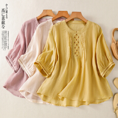 批发实拍文艺刺绣衬衫女纯色夏季<b class='q'>宽松</b>显瘦五分袖轻薄小衫民族风上衣