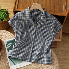 批发实拍蓝色格子短袖翻领衬衫女夏2026新款设计感小众减龄短款上衣