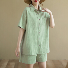 批发实拍全棉套装<b class='q'>女</b>2026夏季新款休闲衬衫宽松度假风高腰<b class='q'>短裤</b>两件套<b class='q'>女</b>