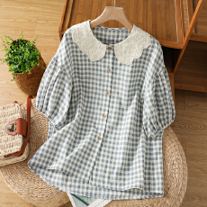 实拍日系娃娃领蓝色格子短袖衬衫女夏款小个子法式温柔上衣