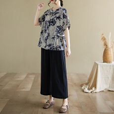 批发实拍夏装新款套装洋气高贵小衫中老年<b class='q'>女</b>短袖国风上衣裤子两件套