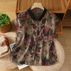 批发实拍夏款落肩袖碎花衬衫女时尚妈妈装<b class='q'>C</b>气质薄款小翻领宽松上衣女