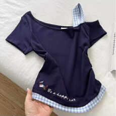 批发<b class='q'>女</b><b class='q'>童</b>小辣妹格子假两件拼接短袖T恤夏季新款设计小众修身<b class='q'>显瘦</b>上衣