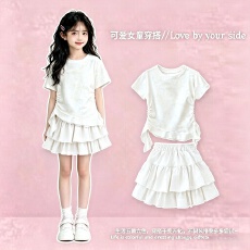 批发女大童2026<b class='q'>夏</b>季新款扎染飘带褶皱收腰短袖T恤+蓬蓬蛋糕短裙套装