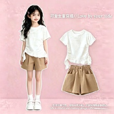 批发女大童2026<b class='q'>夏</b>季新款扎染飘带褶皱收腰短袖T恤+洋气短裤套装