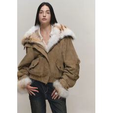 批发卡其色麂皮大毛领<b class='q'>翻领</b>绗线廓形工装夹克棉服派克服外套