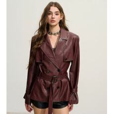 批发巴宝厘子 Oversize双排扣中长款皮风衣 宽松廓形皮衣外套