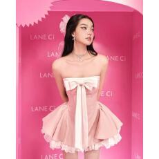 批发女新蝴蝶结收腰蓬蓬裙抹胸连衣裙配<b class='q'>打底裤</b>波点/粉