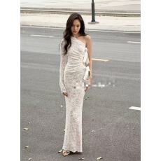 批发<b class='q'>蕾丝</b>斜肩蝴蝶结绑带长裙