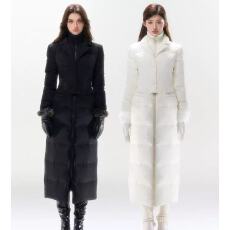 批发90绒异质拼接立领收腰长款羽绒服