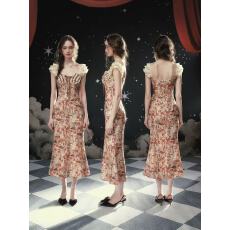 批发法式复古千金风蕾丝拼接碎花鱼尾度假<b class='q'>连衣裙</b>女