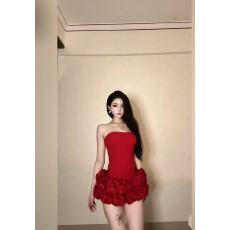 批发抹胸<b class='q'>连衣裙</b>女装名媛生日礼服裙重工圣诞战袍玫瑰鱼骨蓬蓬红色裙子